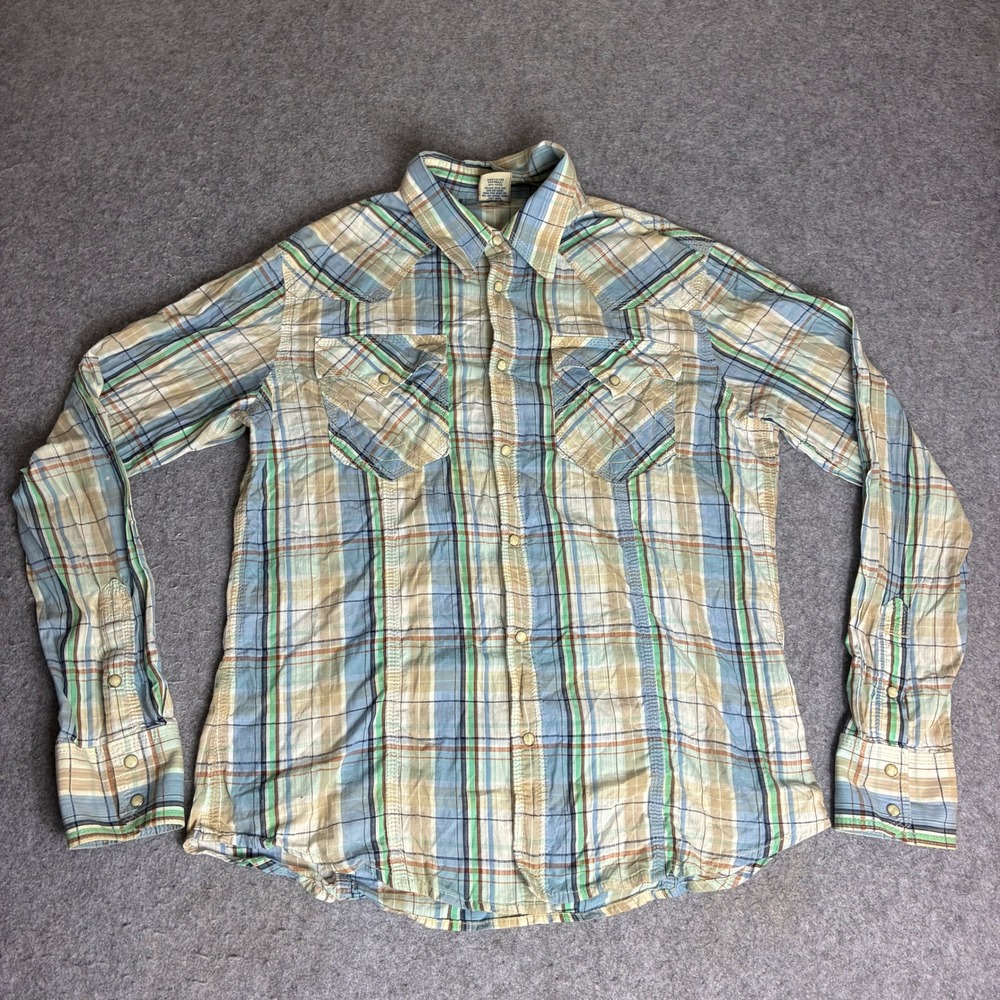 True Religion Men's Size XXL Western Plaid Snap Shirt Blue Green 100% Cotton